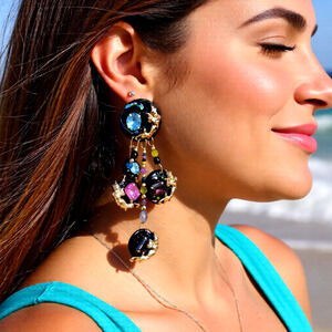 Vintage handmade 4 inch long enameled beads crystals gold plated charms earrings